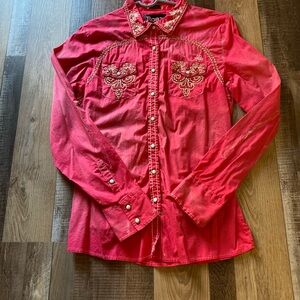 Roar Red Button Down Shirt with Embroidered Details EUC